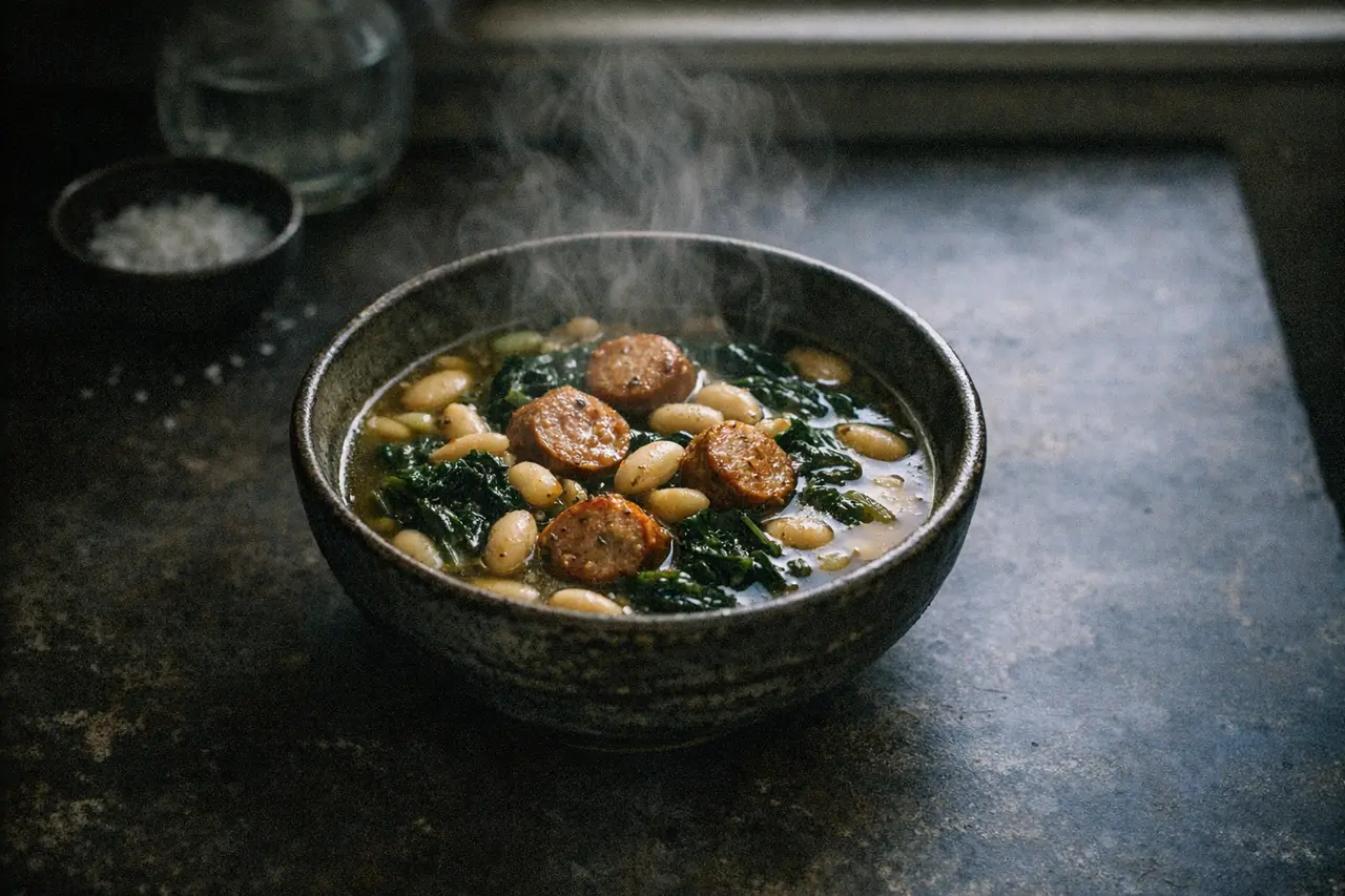 Brothy sausage with greens and beans