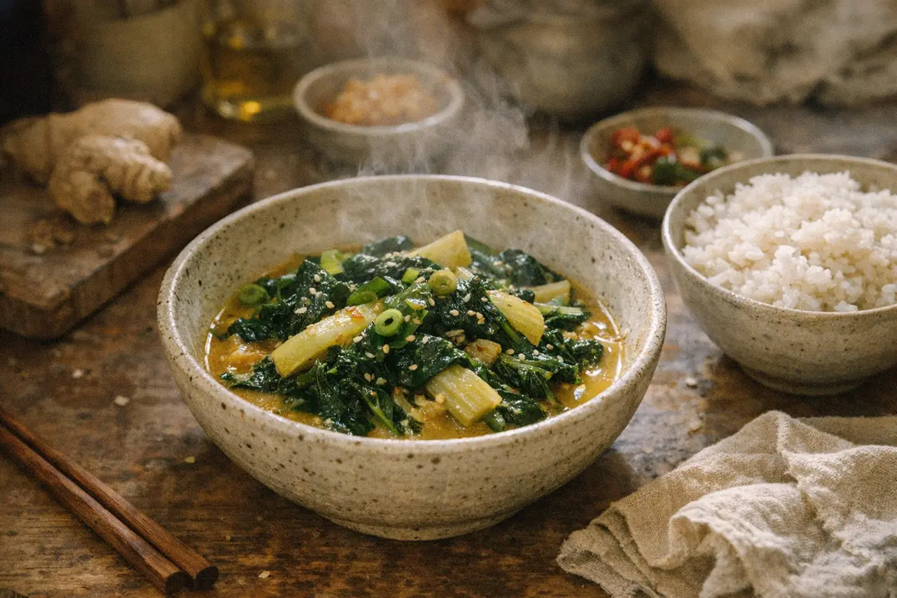 Golden miso greens in a ceramic bowl